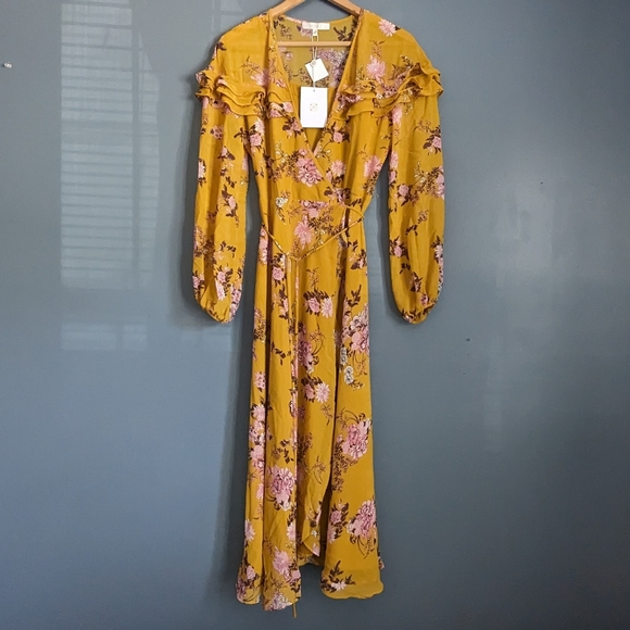 Wayf Dresses & Skirts - Wayf golden yellow floral long sleeve maxi wrap dress size XS NWT